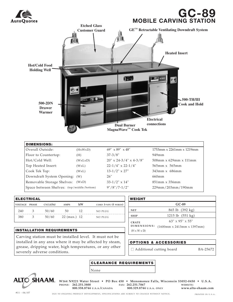 Gc-89, Mobile carving station | Alto-Shaam Mobile Carving Station GC-89 User Manual | Page 2 / 2