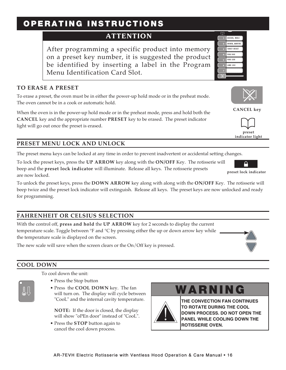 Preset menu lock and unlock, Fahrenheit or celsius selection, Cool down | Alto-Shaam ECOSMART AR-7EVH User Manual | Page 18 / 44