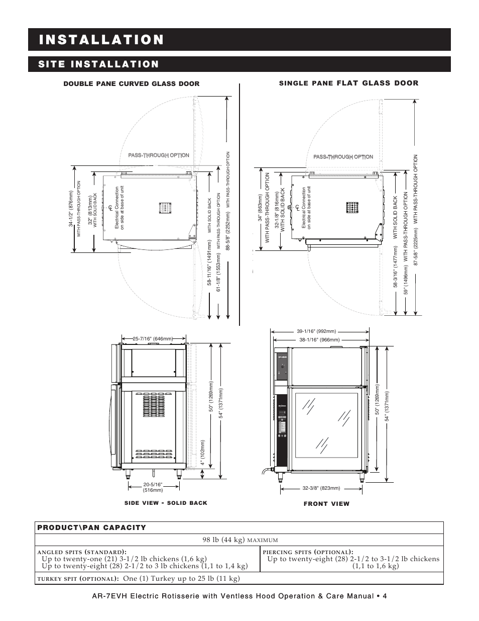 Flat, Glass, Door | Product\pan capacity 98 lb (44 kg) | Alto-Shaam ECOSMART AR-7EVH User Manual | Page 6 / 44