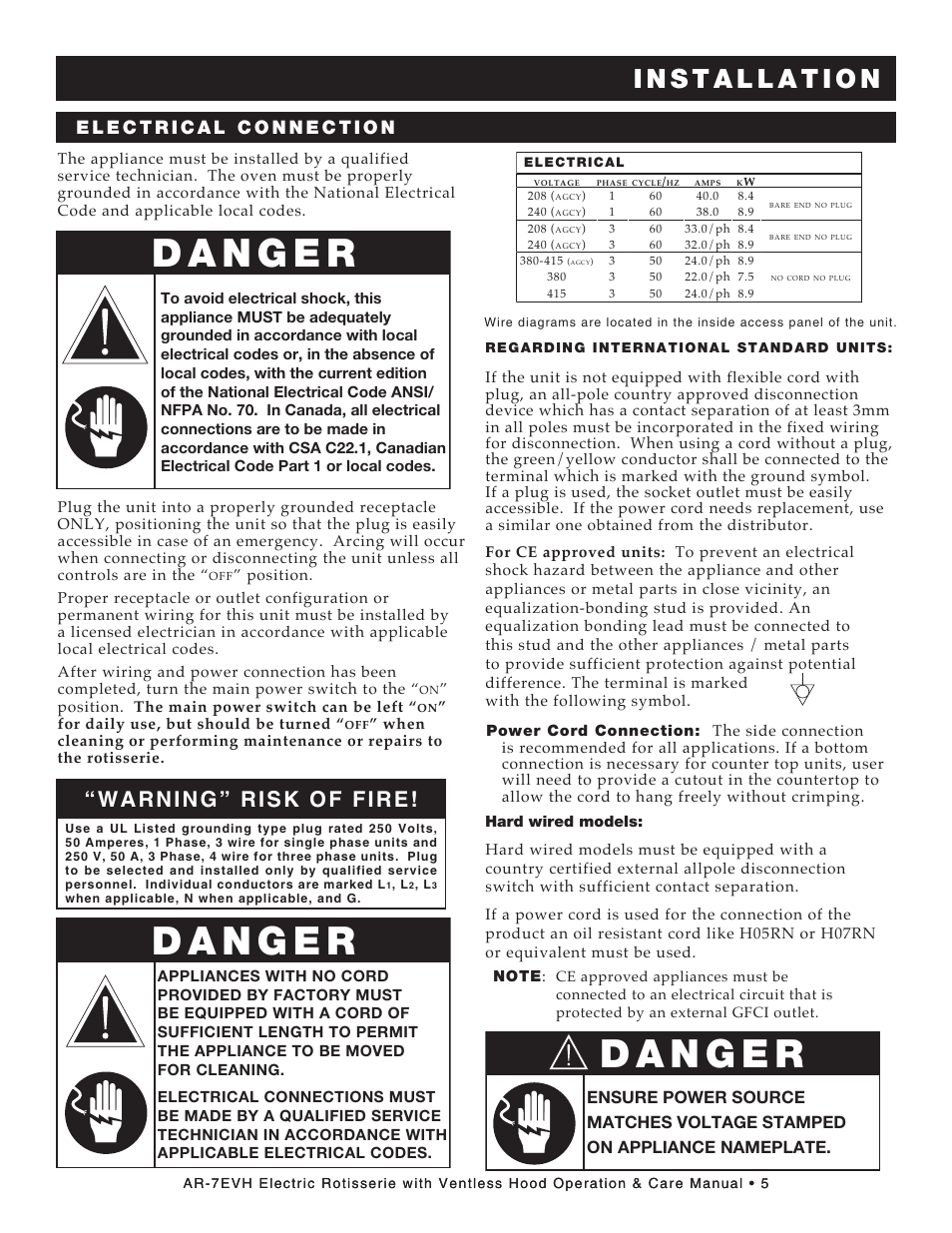 Warning” risk of fire | Alto-Shaam ECOSMART AR-7EVH User Manual | Page 7 / 44