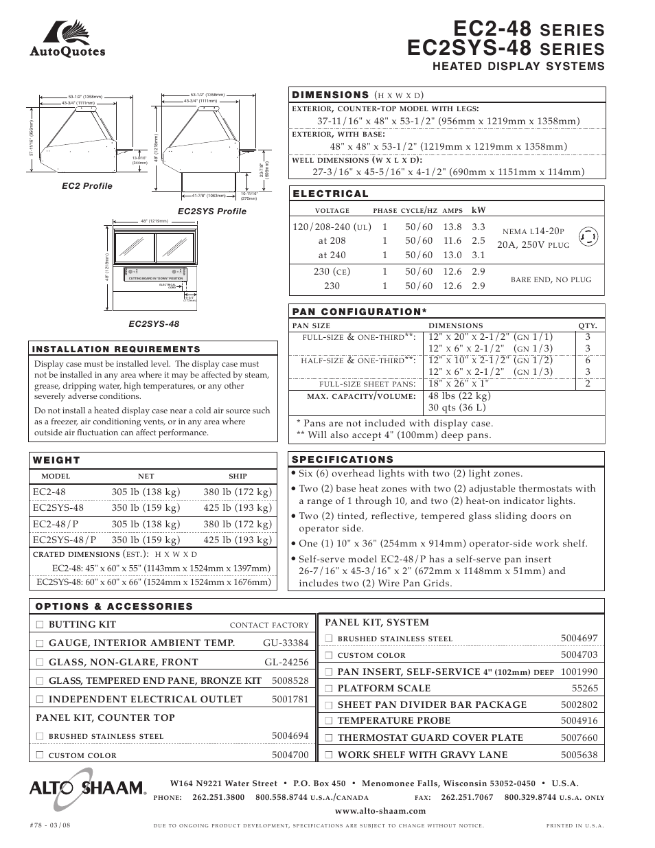 Ec2-48, Ec2sys-48, Series | Heated display systems, On off on off on off, On off on off, Six (6) overhead lights with two (2) light zones | Alto-Shaam EC2-48 Series User Manual | Page 2 / 2