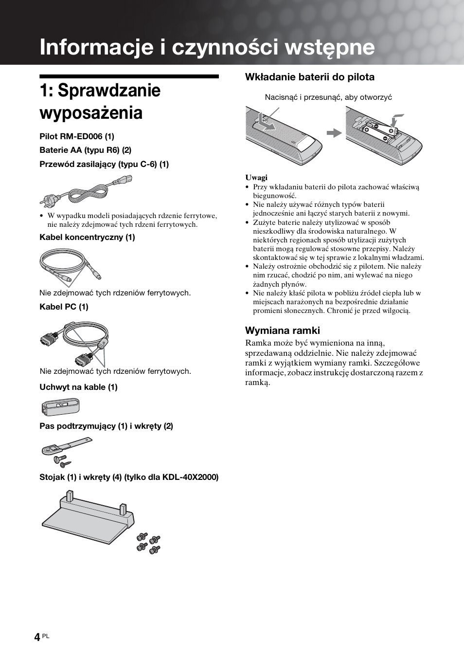 Informacje i czynności wstępne, Sprawdzanie wyposażenia | Sony KDL-40X2000 User Manual | Page 106 / 160