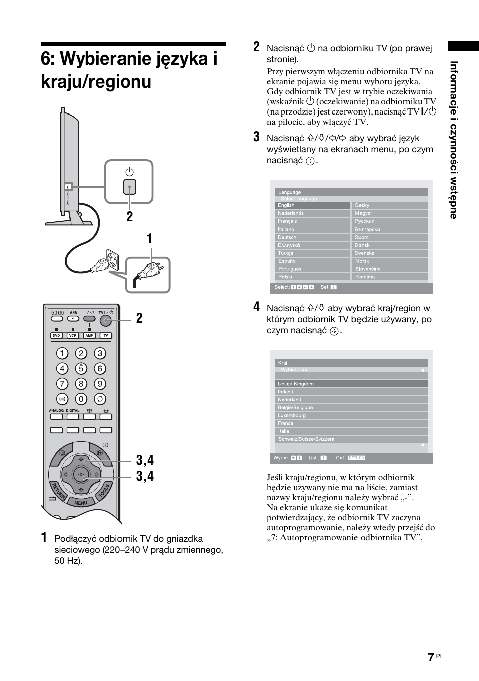 Wybieranie języka i kraju/regionu | Sony KDL-40X2000 User Manual | Page 109 / 160