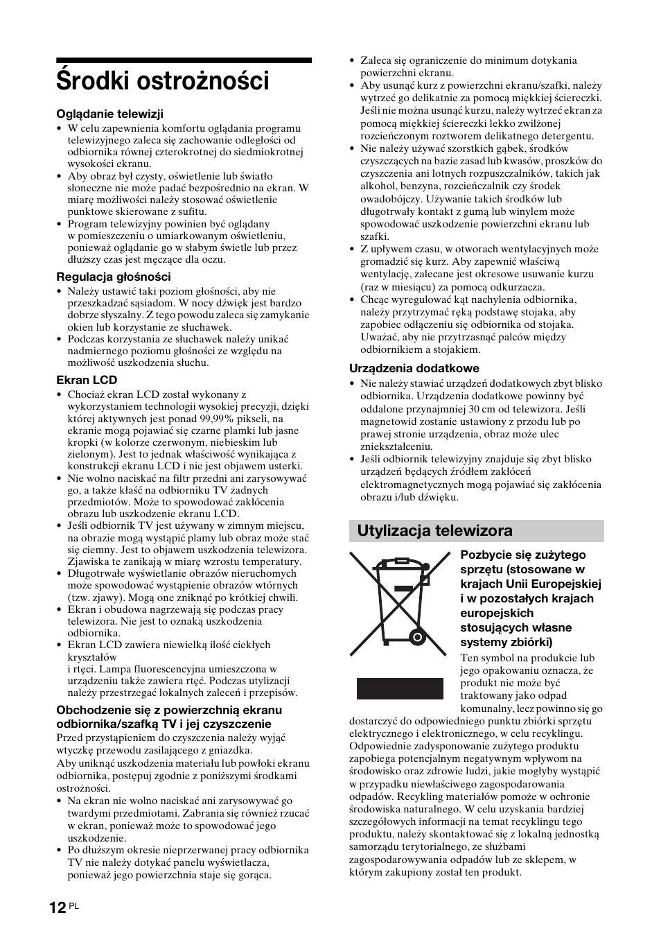 Środki ostrożności, Utylizacja telewizora | Sony KDL-40X2000 User Manual | Page 114 / 160