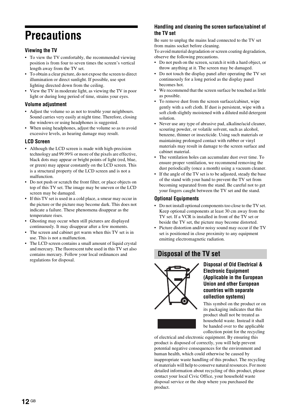 Precautions, Disposal of the tv set | Sony KDL-40X2000 User Manual | Page 12 / 160