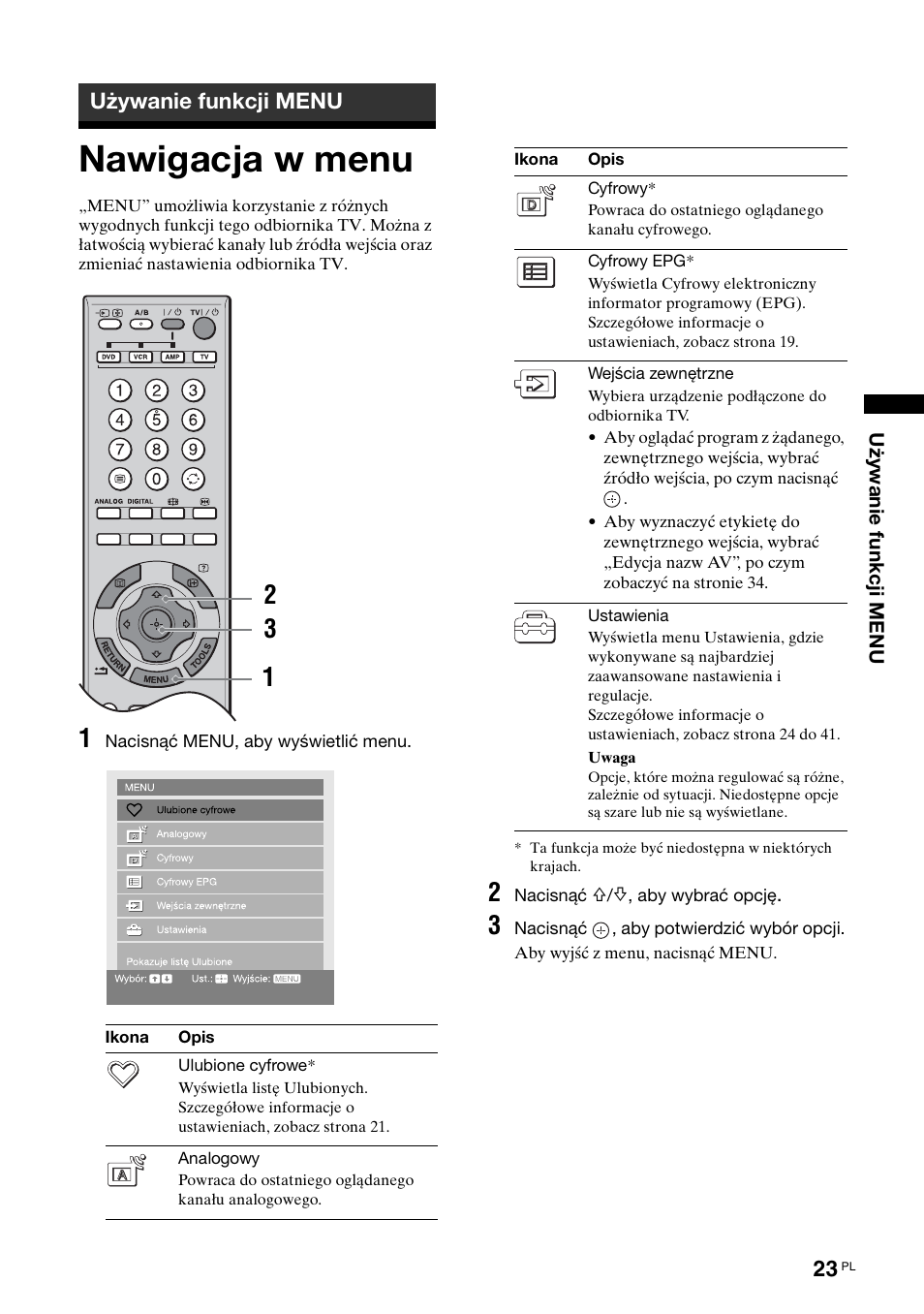 Używanie funkcji menu, Nawigacja w menu | Sony KDL-40X2000 User Manual | Page 125 / 160