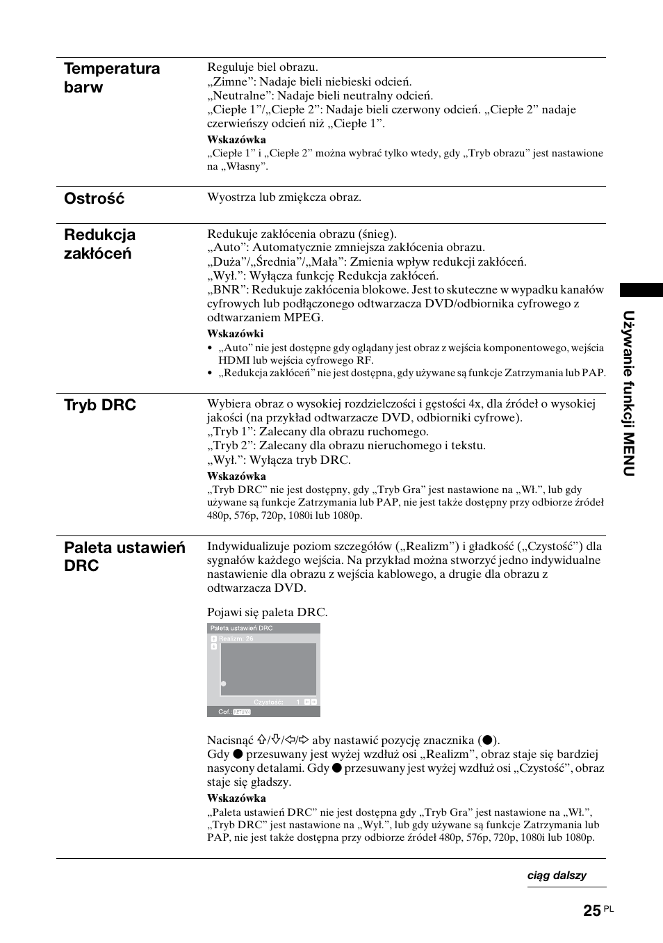 Temperatura barw, Ostrość, Redukcja zakłóceń | Tryb drc, Paleta ustawień drc | Sony KDL-40X2000 User Manual | Page 127 / 160