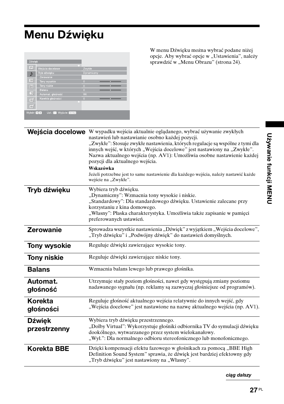 Menu dźwięku | Sony KDL-40X2000 User Manual | Page 129 / 160