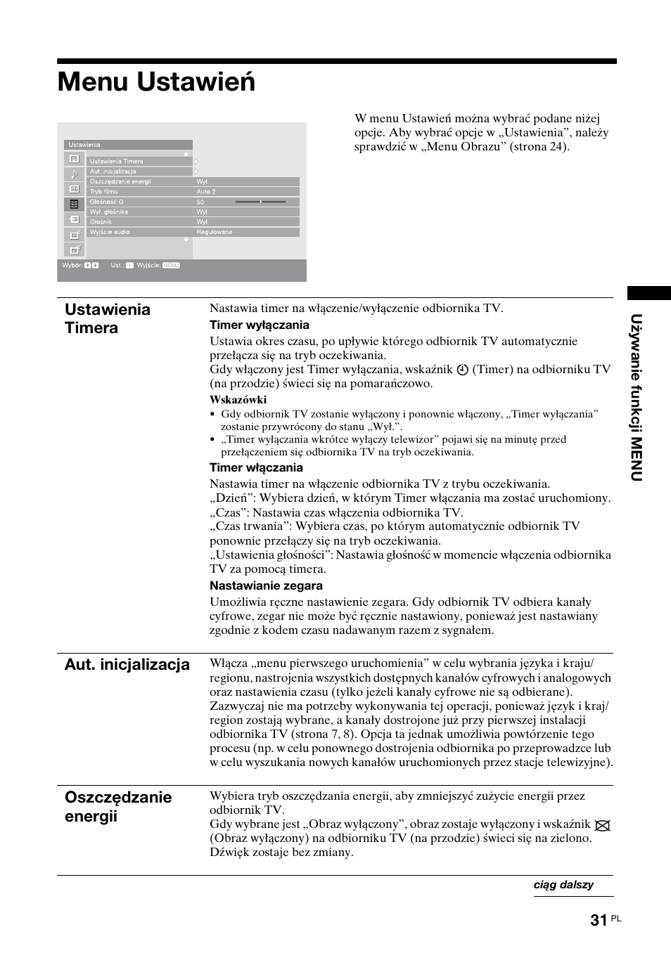 Menu ustawień | Sony KDL-40X2000 User Manual | Page 133 / 160