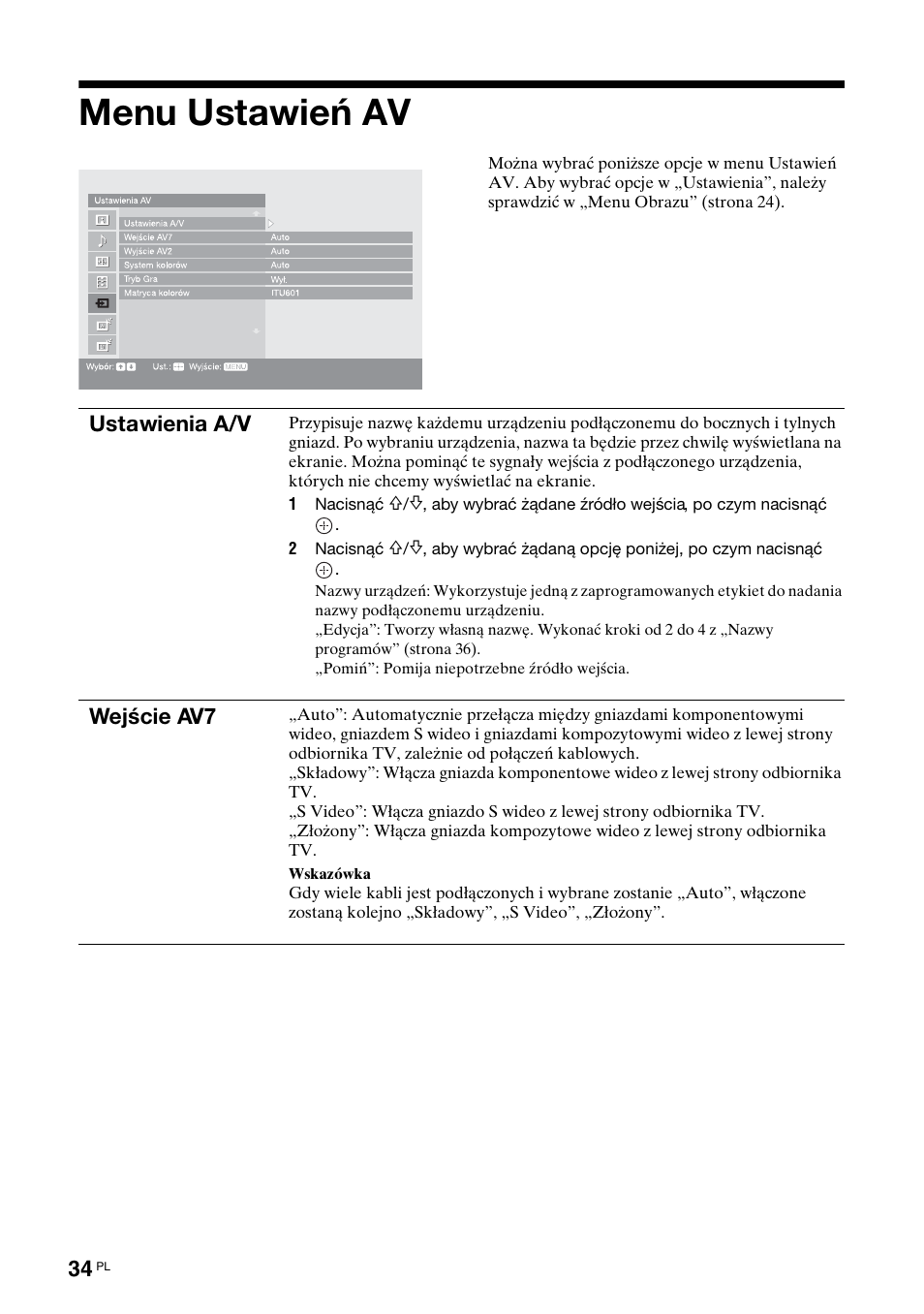 Menu ustawień av, E 34 | Sony KDL-40X2000 User Manual | Page 136 / 160