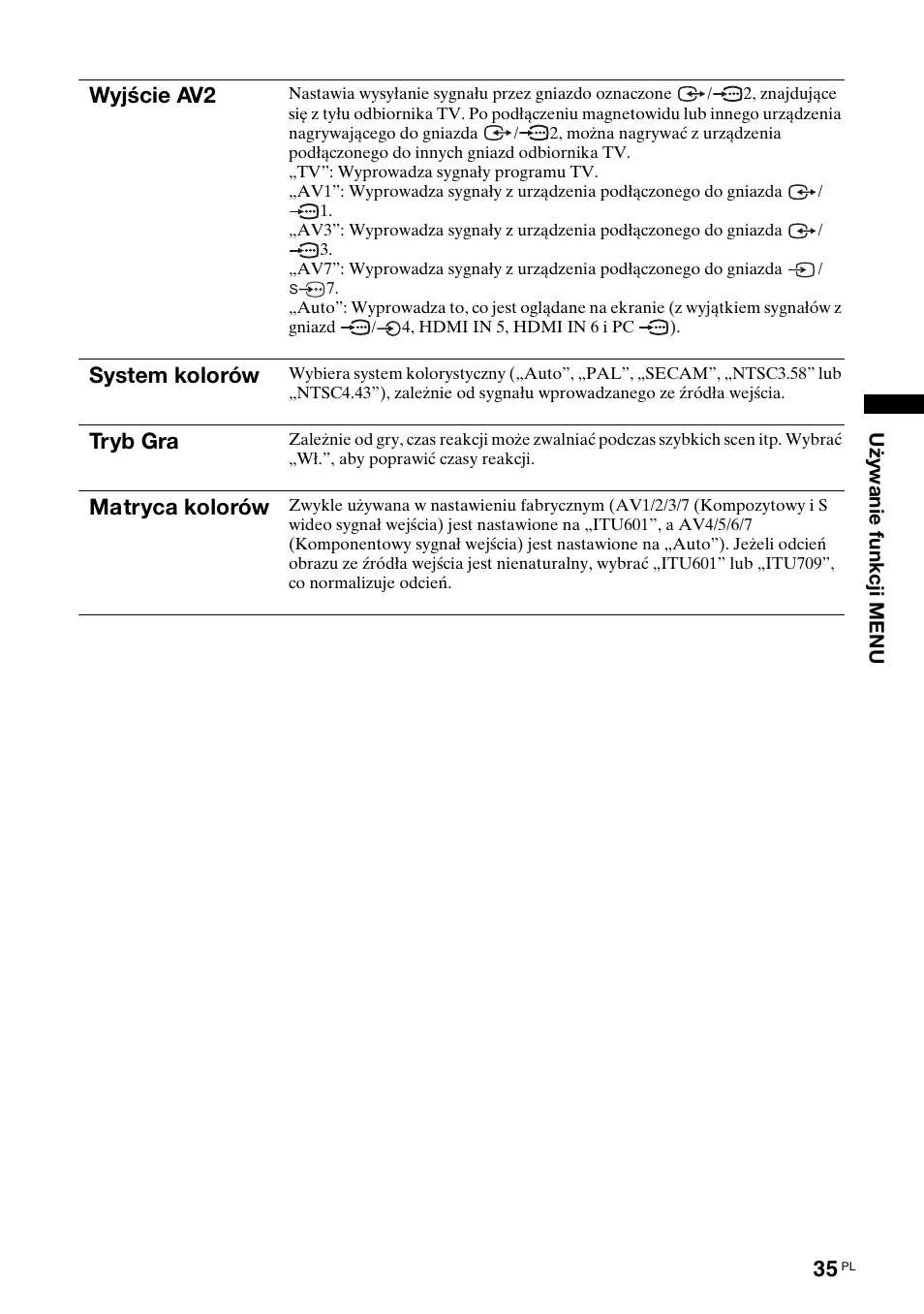 Wyjście av2, System kolorów, Tryb gra | Matryca kolorów | Sony KDL-40X2000 User Manual | Page 137 / 160