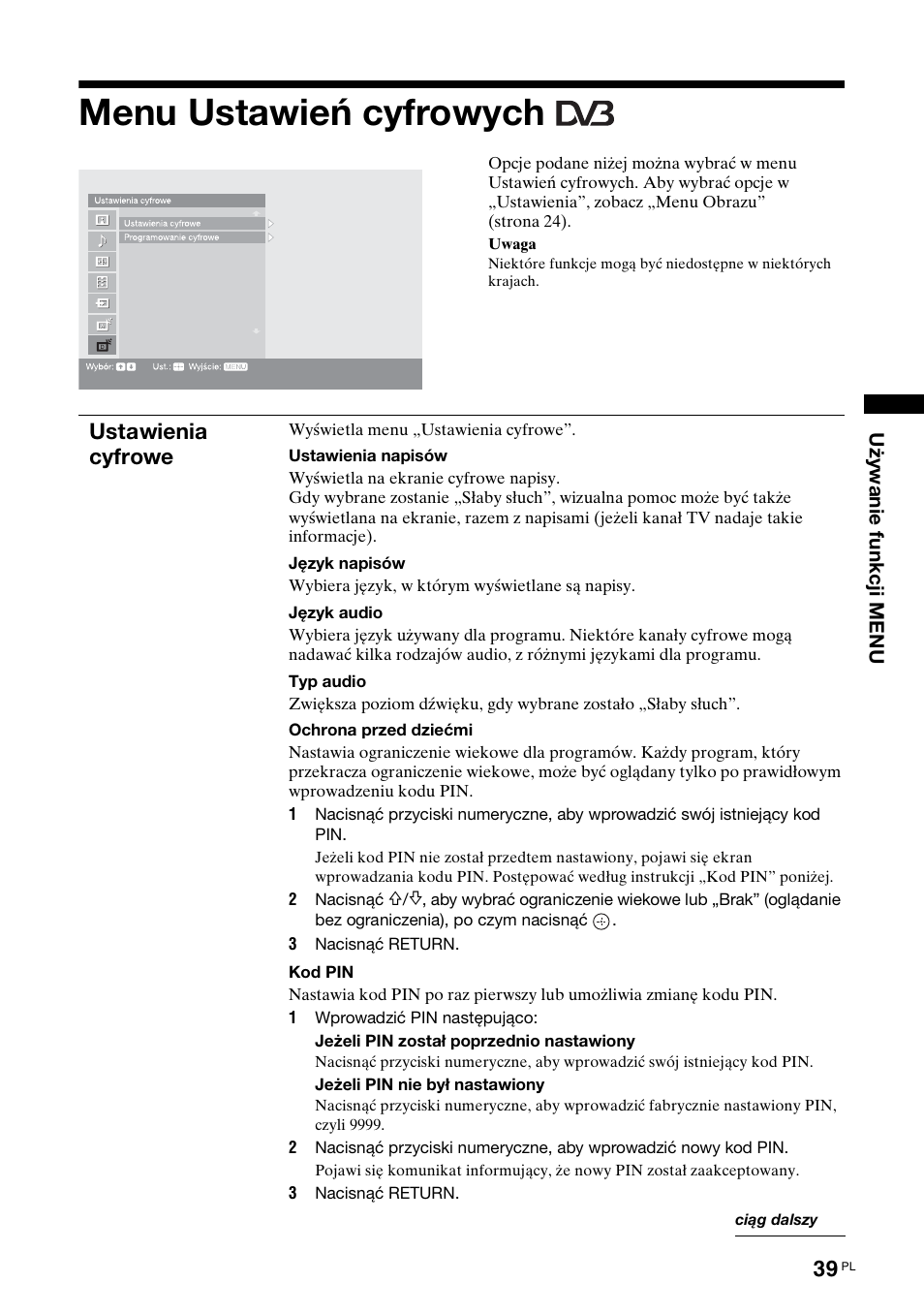 Menu ustawień cyfrowych, Ustawienia cyfrowe | Sony KDL-40X2000 User Manual | Page 141 / 160