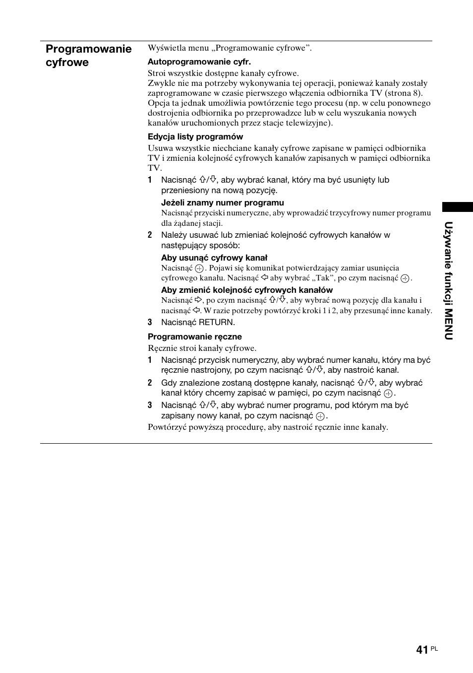 Programowanie cyfrowe | Sony KDL-40X2000 User Manual | Page 143 / 160