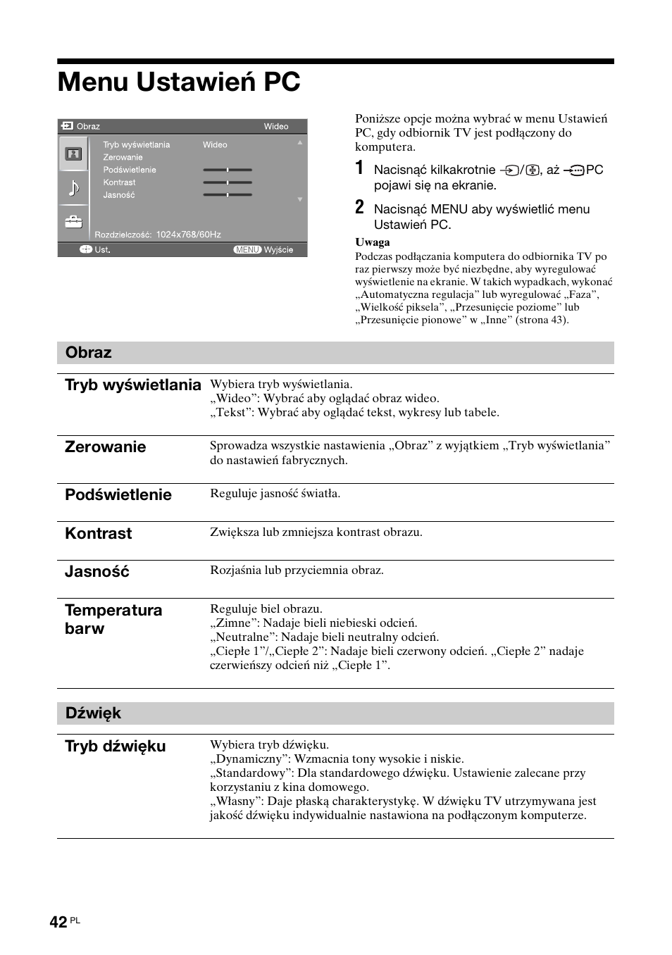 Menu ustawień pc | Sony KDL-40X2000 User Manual | Page 144 / 160