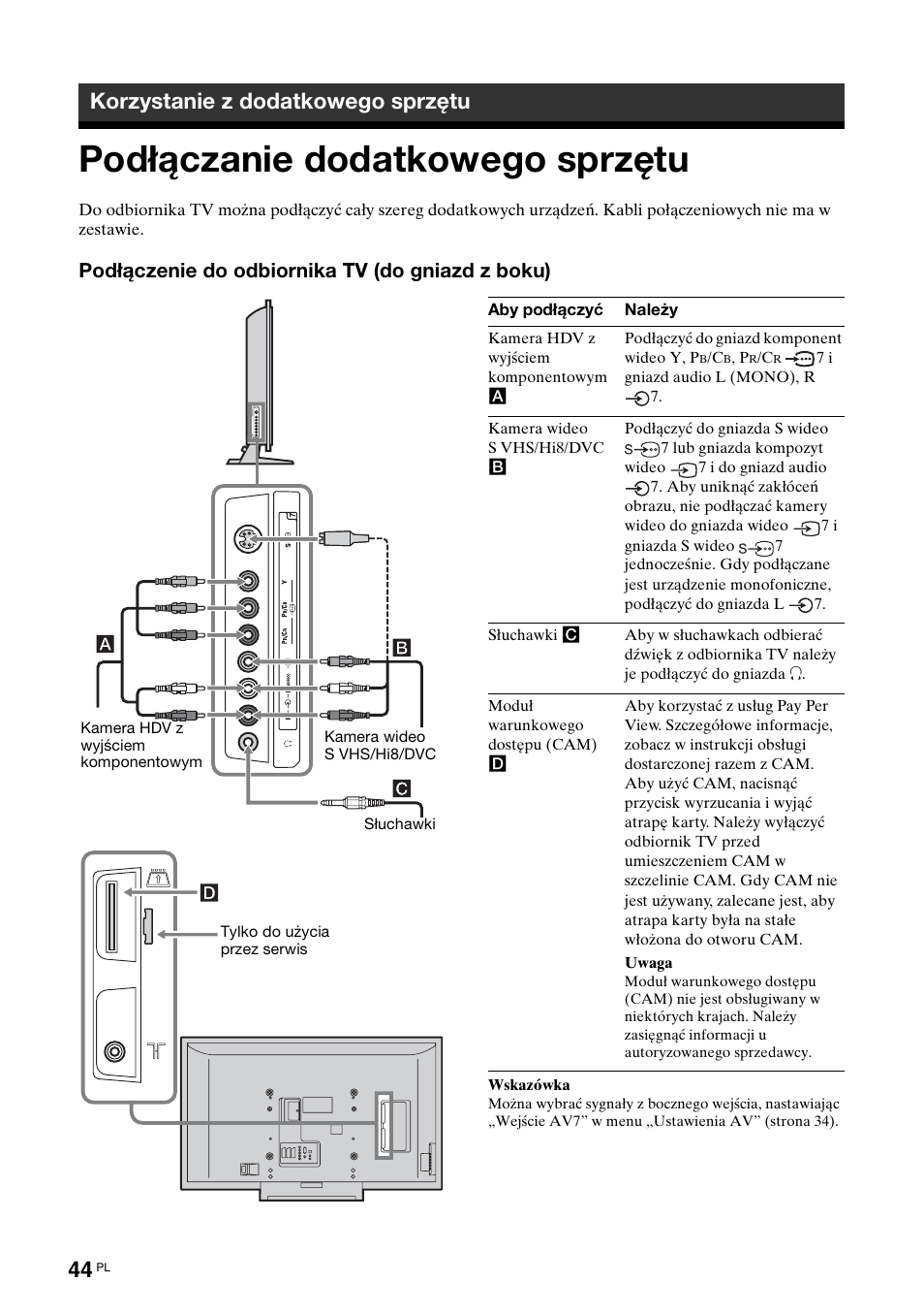 Korzystanie z dodatkowego sprzętu, Podłączanie dodatkowego sprzętu, Podłączenie do odbiornika tv (do gniazd z boku) | Sony KDL-40X2000 User Manual | Page 146 / 160