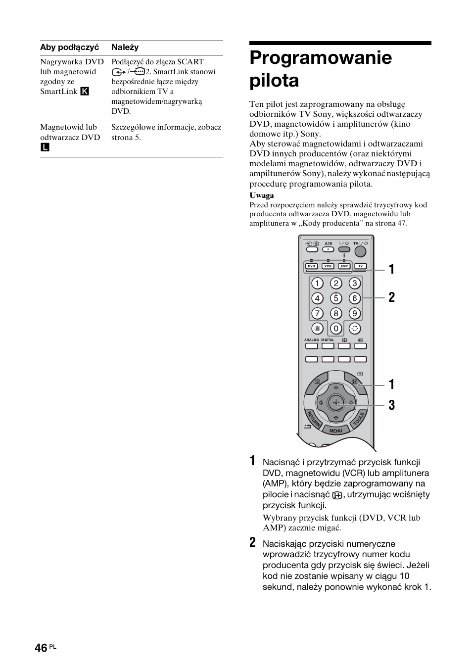 Programowanie pilota | Sony KDL-40X2000 User Manual | Page 148 / 160