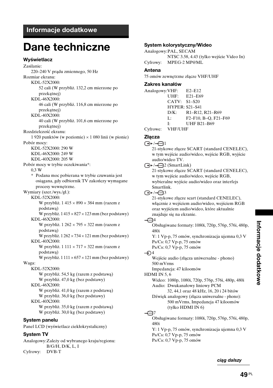 Informacje dodatkowe, Dane techniczne | Sony KDL-40X2000 User Manual | Page 151 / 160