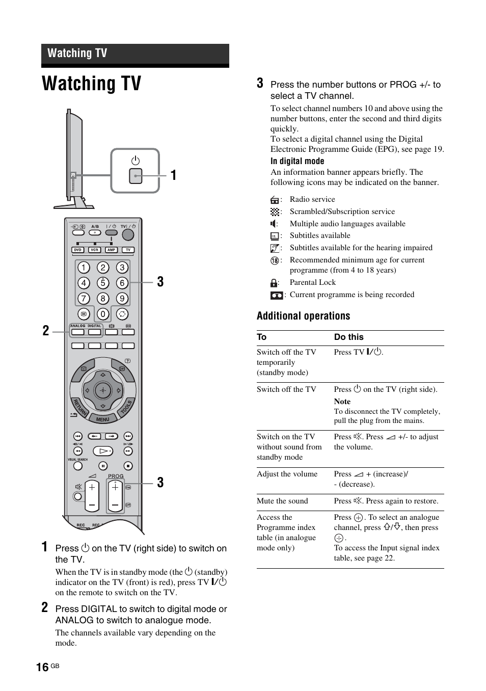 Watching tv | Sony KDL-40X2000 User Manual | Page 16 / 160