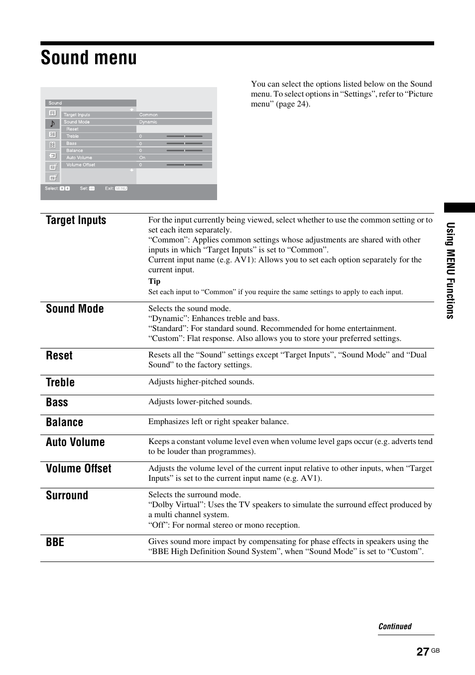 Sound menu | Sony KDL-40X2000 User Manual | Page 27 / 160
