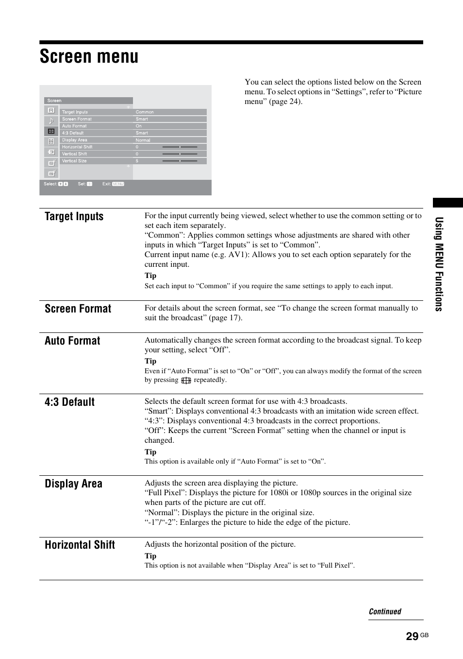 Screen menu | Sony KDL-40X2000 User Manual | Page 29 / 160