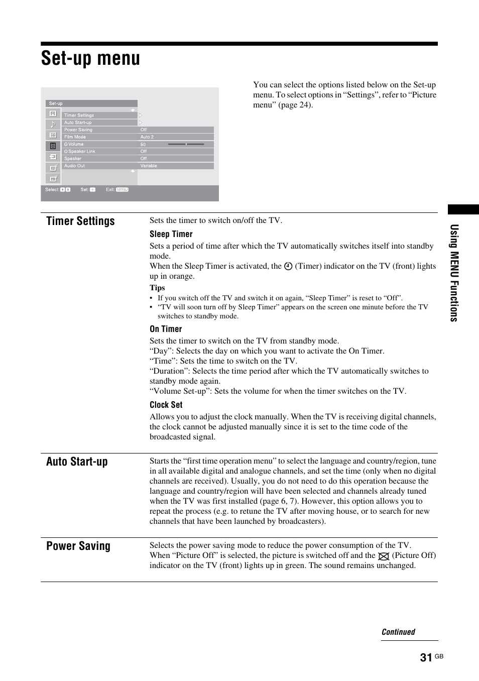 Set-up menu | Sony KDL-40X2000 User Manual | Page 31 / 160