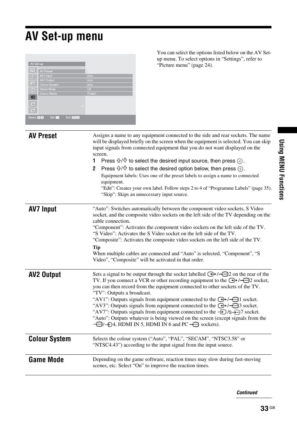 Av set-up menu, Av preset, Av7 input | Av2 output, Colour system, Game mode | Sony KDL-40X2000 User Manual | Page 33 / 160