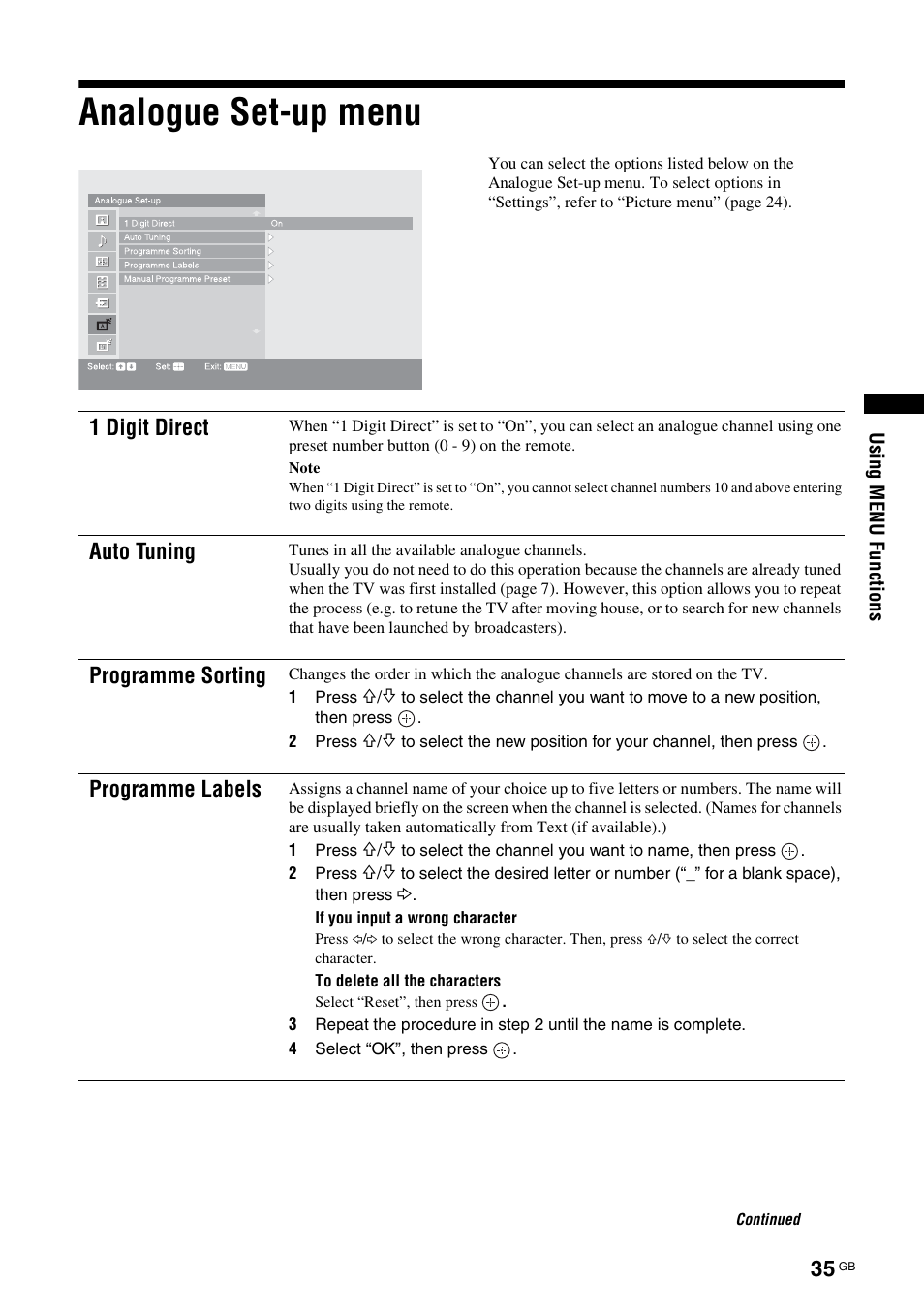 Analogue set-up menu, 1 digit direct, Auto tuning | Programme sorting, Programme labels | Sony KDL-40X2000 User Manual | Page 35 / 160