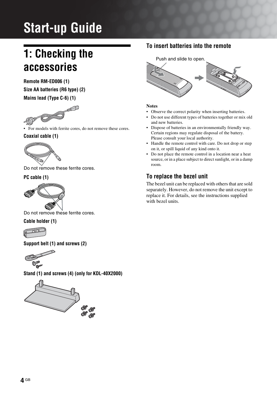 Start-up guide, Checking the accessories | Sony KDL-40X2000 User Manual | Page 4 / 160