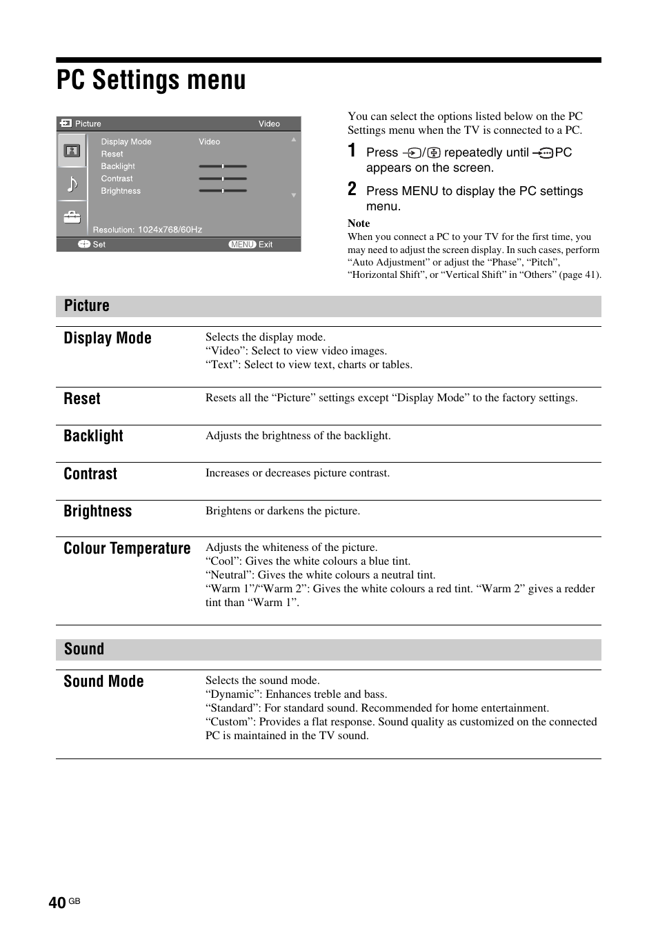 Pc settings menu | Sony KDL-40X2000 User Manual | Page 40 / 160