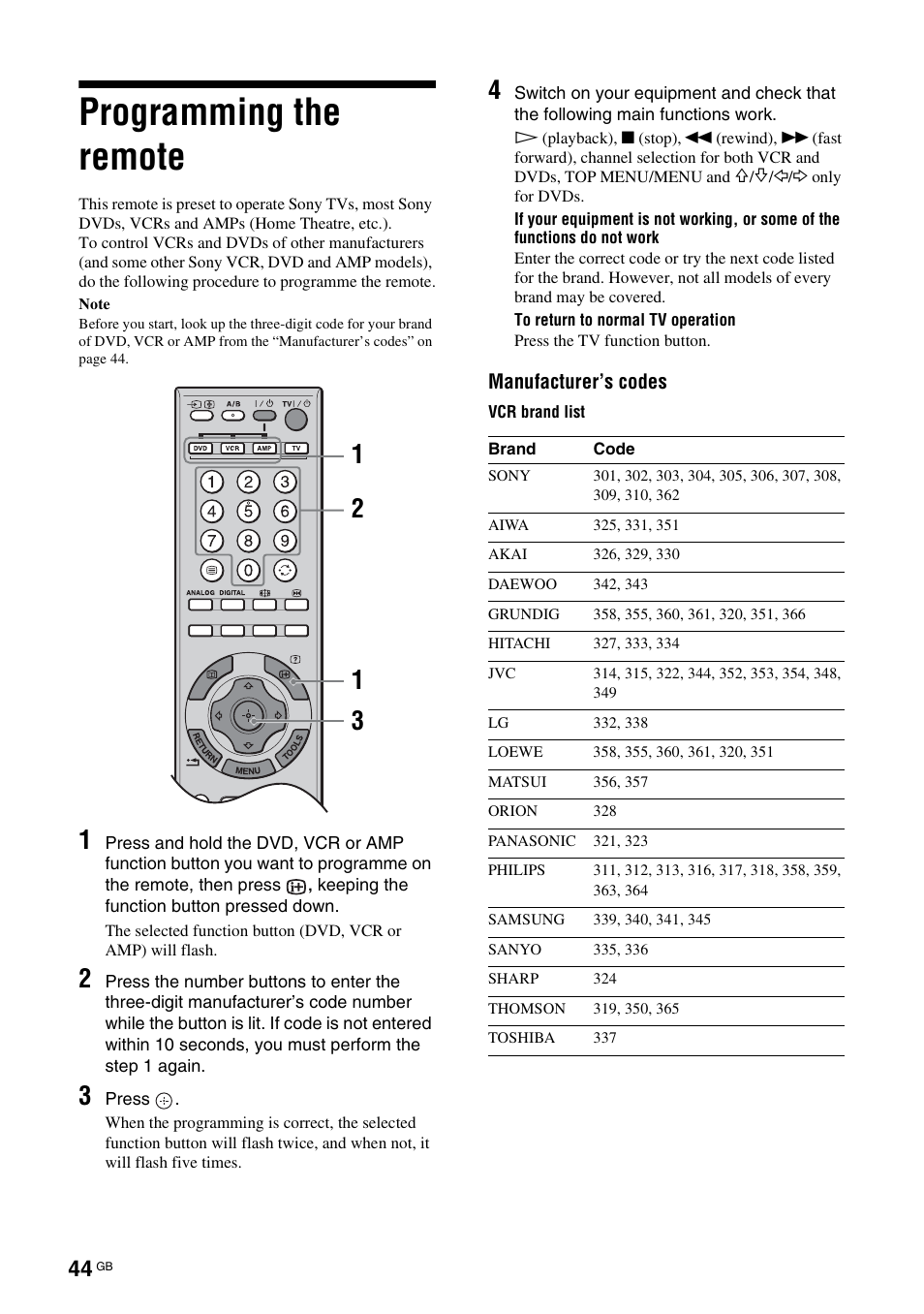 Programming the remote | Sony KDL-40X2000 User Manual | Page 44 / 160
