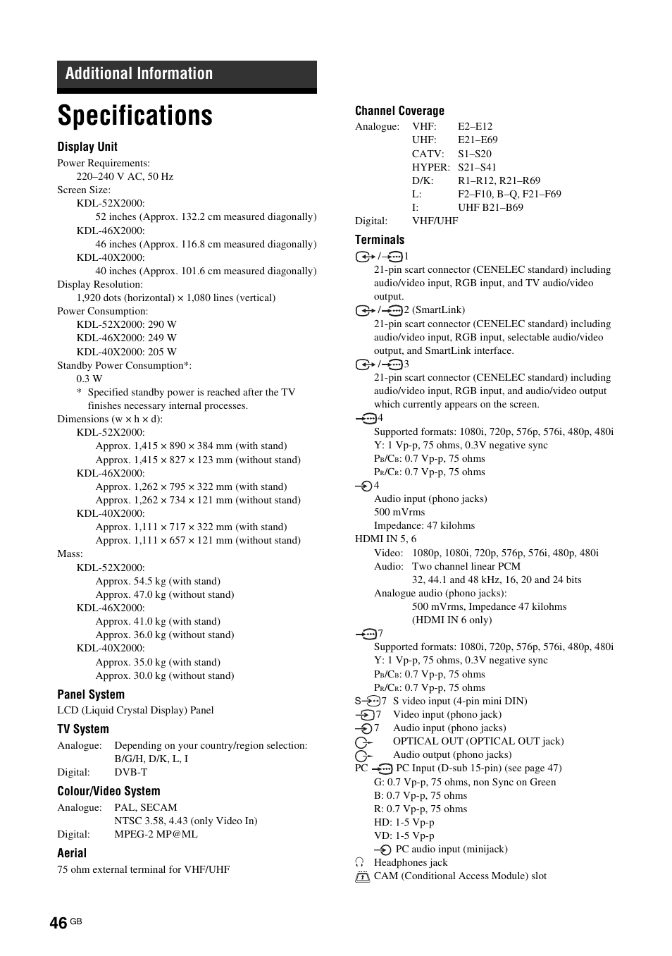 Additional information, Specifications | Sony KDL-40X2000 User Manual | Page 46 / 160