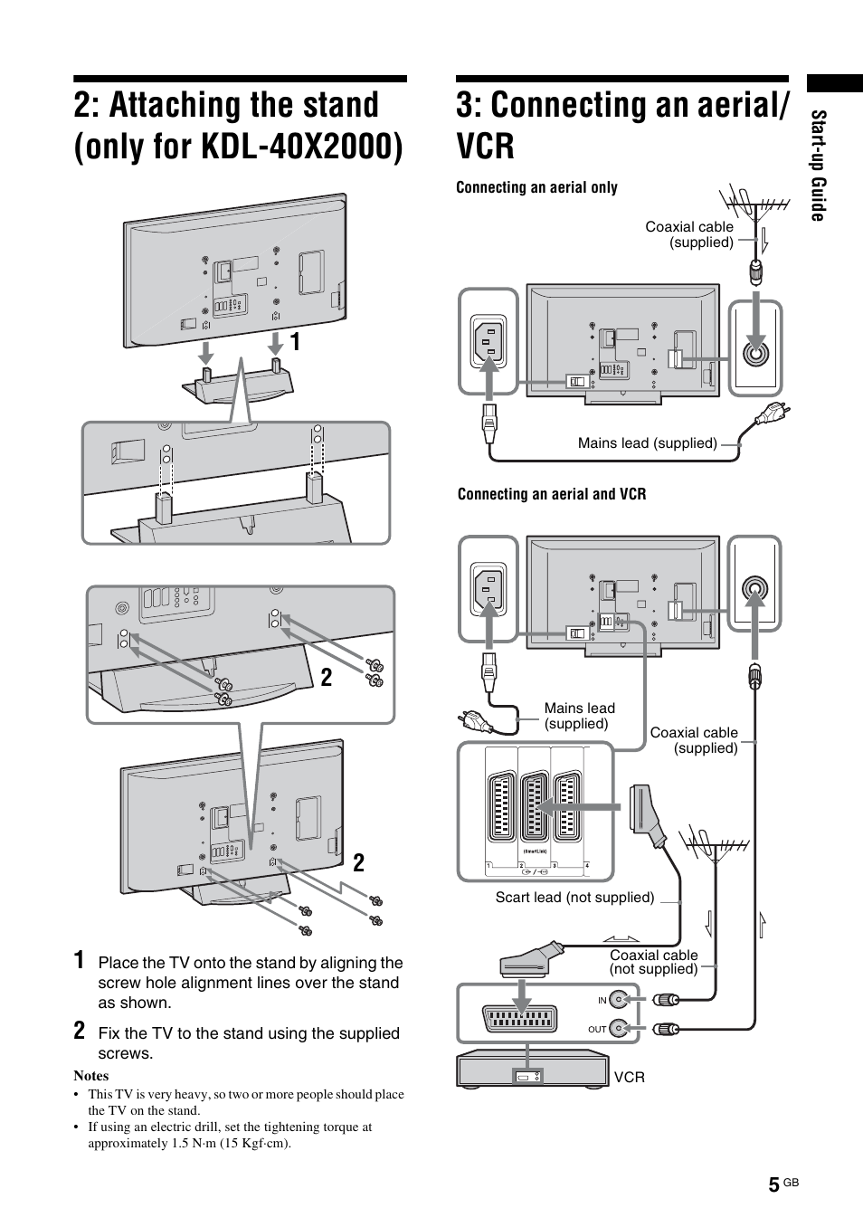 Connecting an aerial/ vcr | Sony KDL-40X2000 User Manual | Page 5 / 160