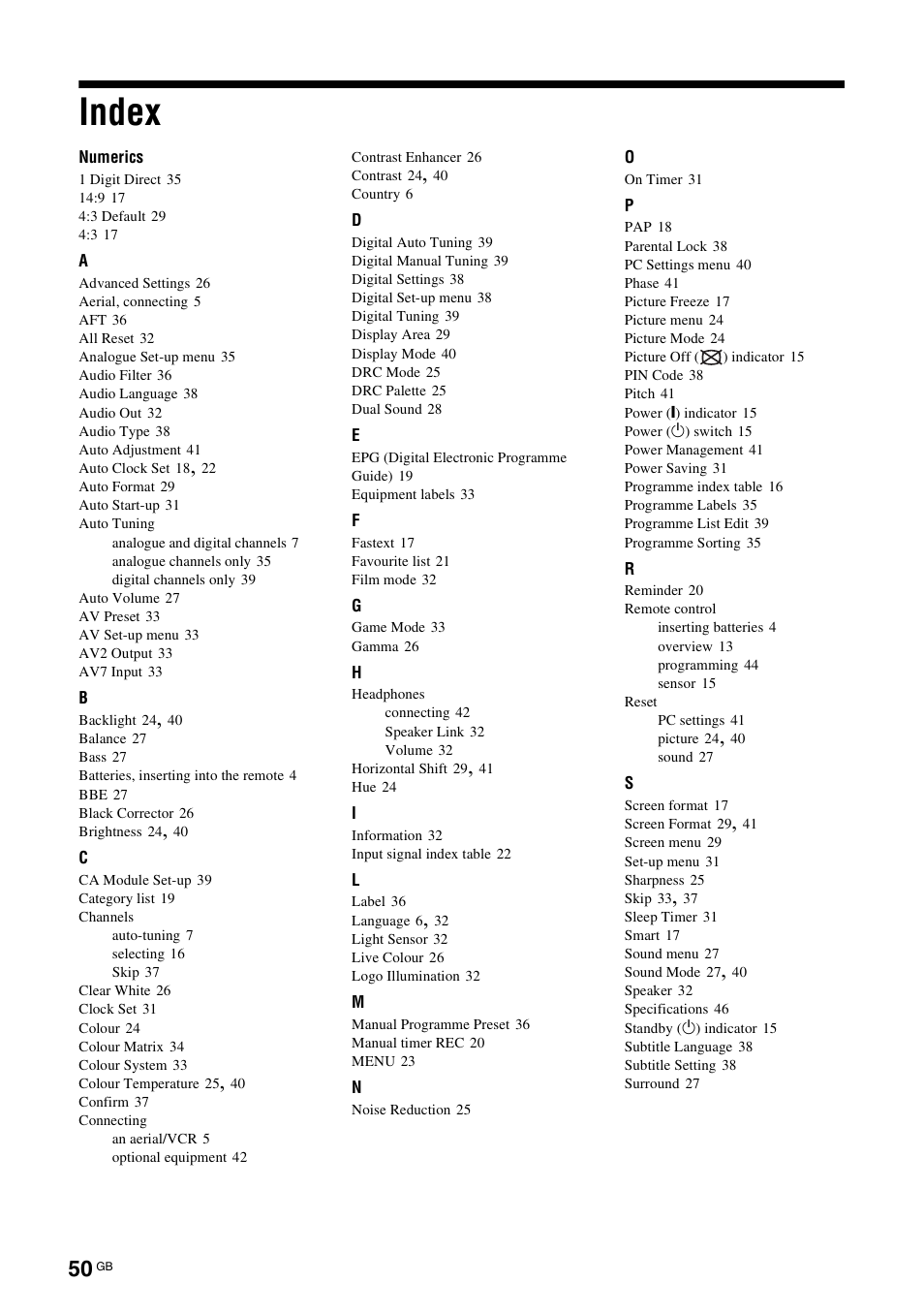 Index | Sony KDL-40X2000 User Manual | Page 50 / 160
