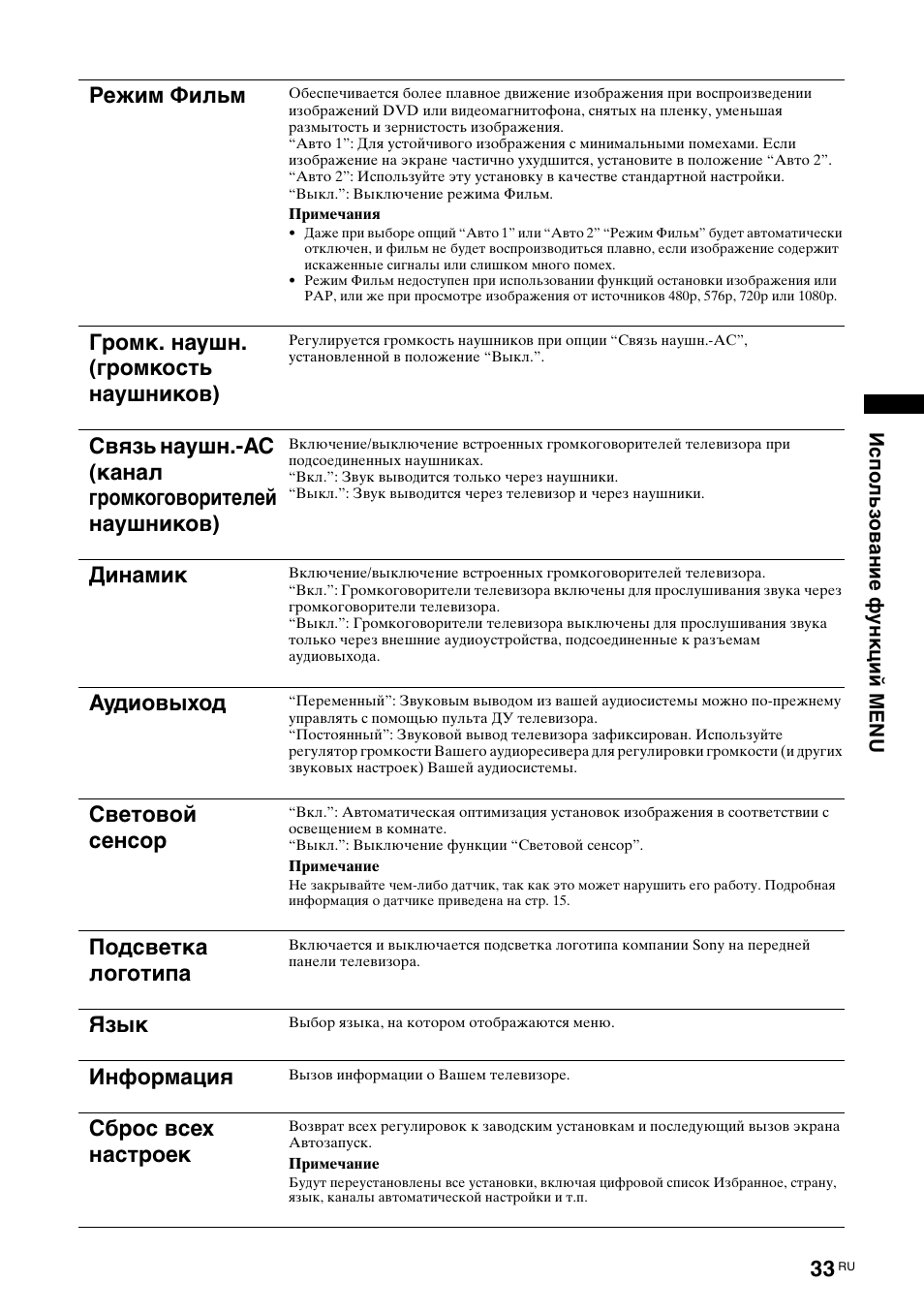 Режим фильм, Громк. наушн. (громкость наушников), Динамик | Аудиовыход, Световой сенсор, Подсветка логотипа, Язык, Информация, Сброс всех настроек | Sony KDL-40X2000 User Manual | Page 83 / 160