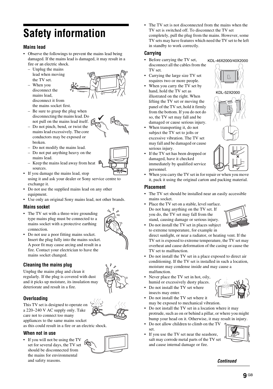 Safety information | Sony KDL-40X2000 User Manual | Page 9 / 160
