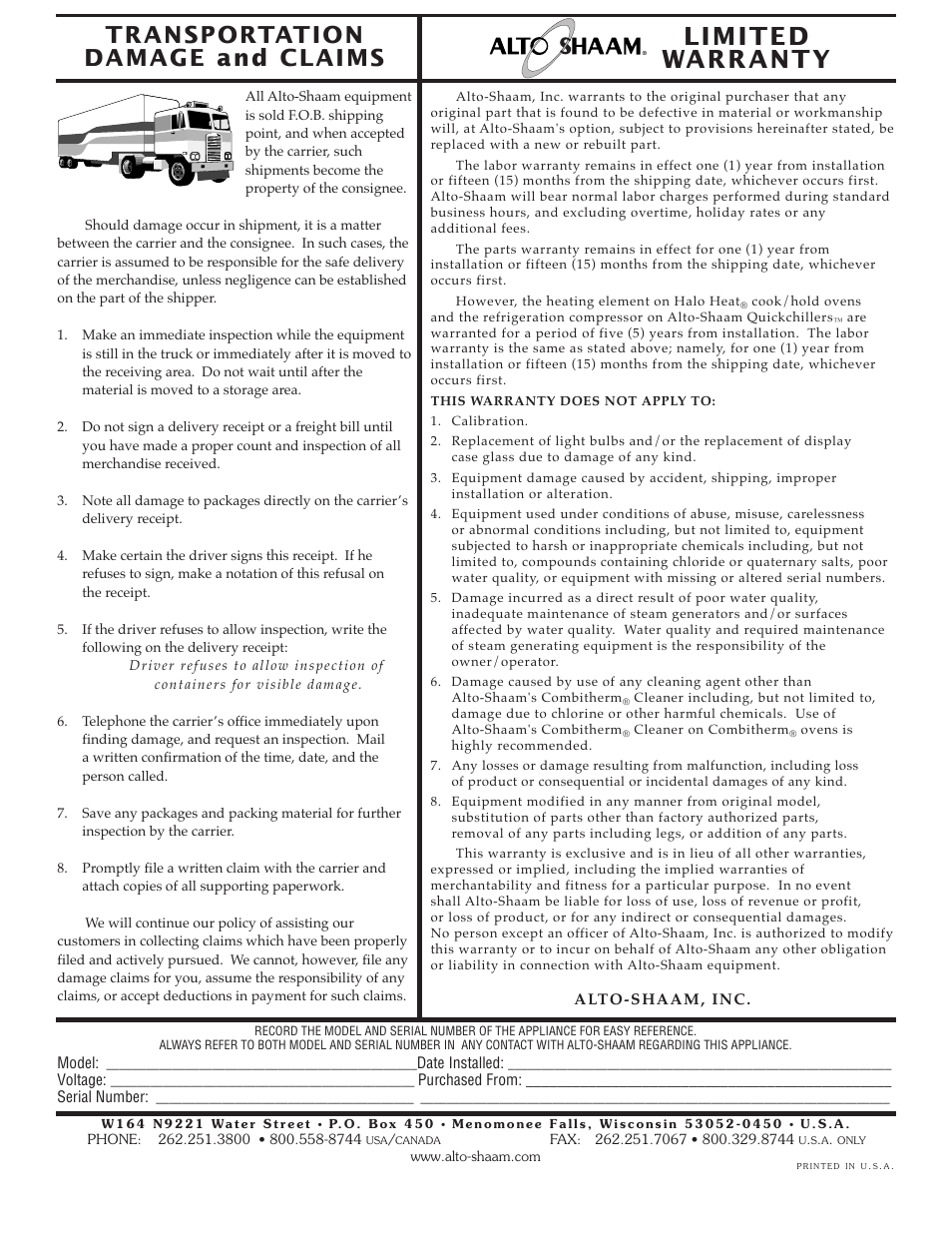 Limited warranty, Transportation damage and claims | Alto-Shaam Platinum Series ASC-4G User Manual | Page 32 / 32