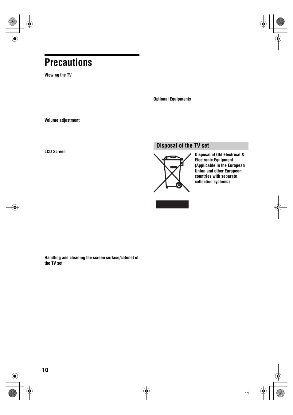 Precautions, Disposal of the tv set | Sony KDL-40S2510 User Manual | Page 10 / 131