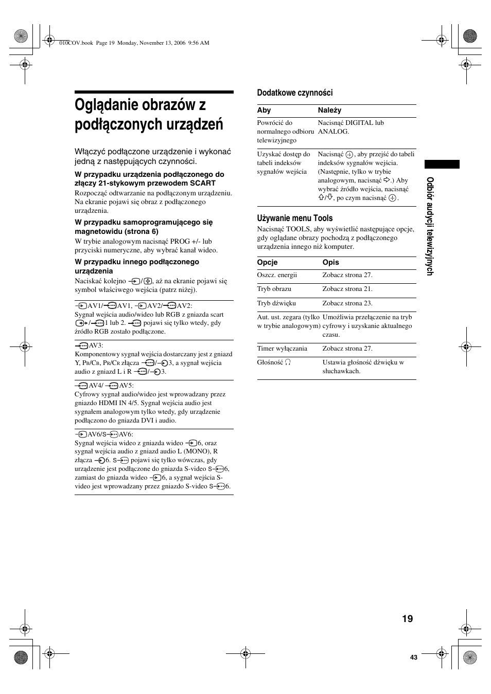 Oglądanie obrazów z podłączonych urządzeń, Odbiór audycji telewizyjnych, Dodatkowe czynności używanie menu tools | Sony KDL-40S2510 User Manual | Page 105 / 131