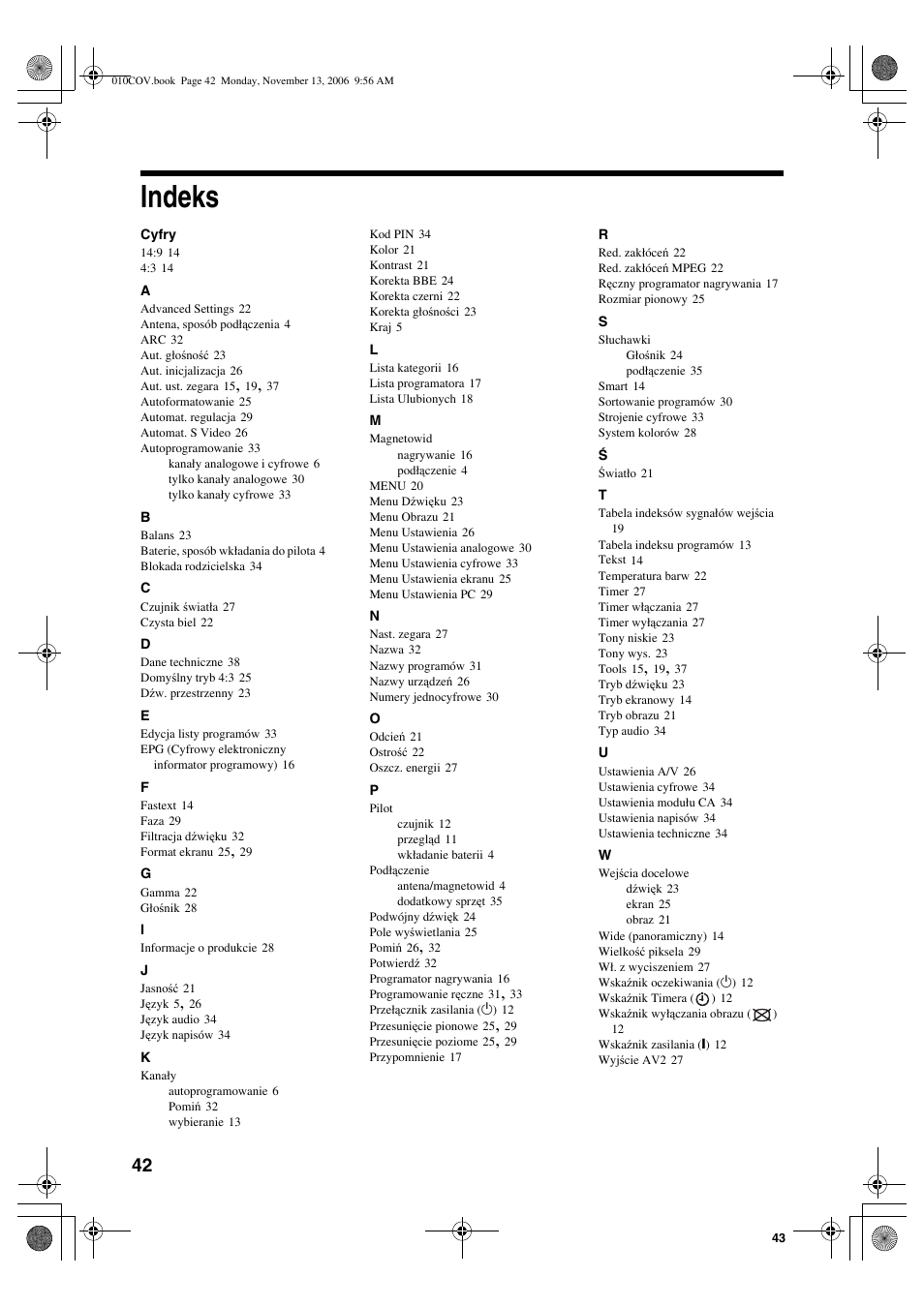 Indeks | Sony KDL-40S2510 User Manual | Page 128 / 131