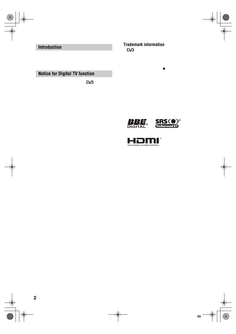 Introduction notice for digital tv function, Trademark information | Sony KDL-40S2510 User Manual | Page 2 / 131