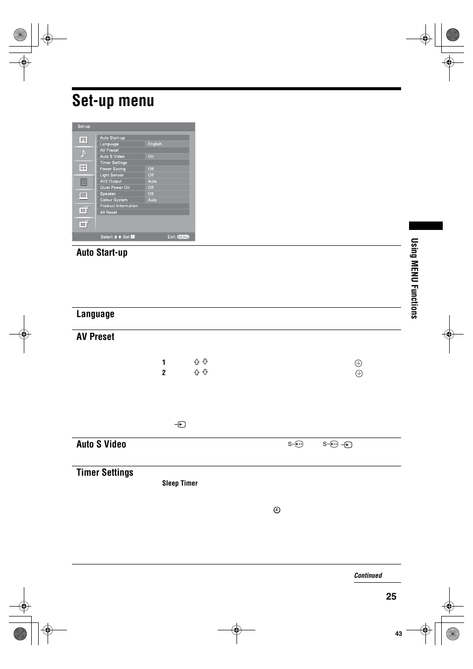 Set-up menu, Auto start-up, Language | Av preset, Auto s video, Timer settings | Sony KDL-40S2510 User Manual | Page 25 / 131