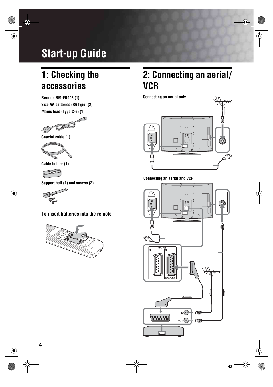 Start-up guide, Checking the accessories, Connecting an aerial/ vcr | Sony KDL-40S2510 User Manual | Page 4 / 131
