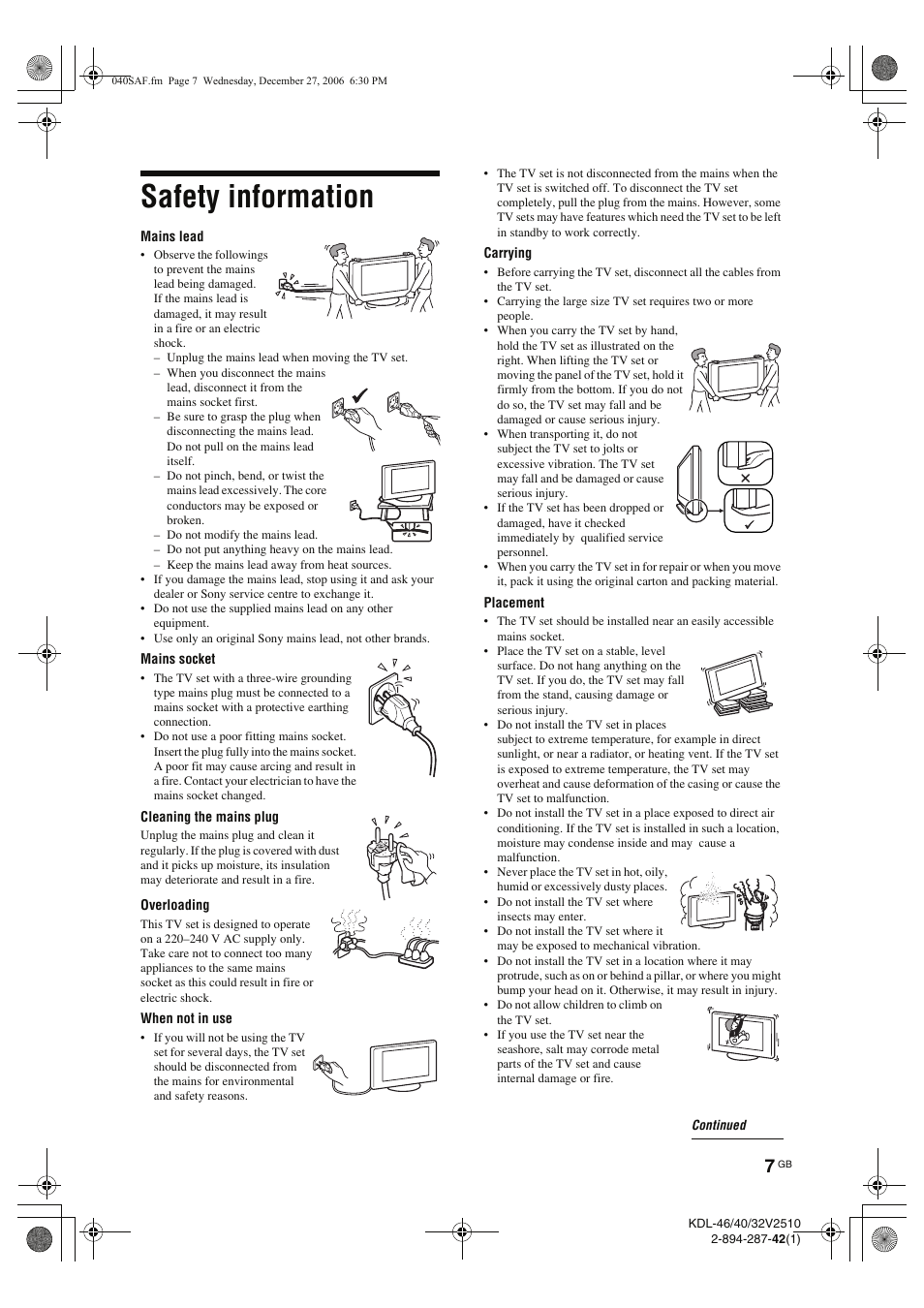 Safety information | Sony KDL-40S2510 User Manual | Page 7 / 131