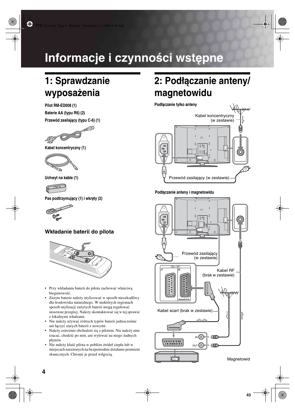 Informacje i czynności wstępne, Sprawdzanie wyposażenia, Podłączanie anteny/ magnetowidu | Sony KDL-40S2510 User Manual | Page 90 / 131