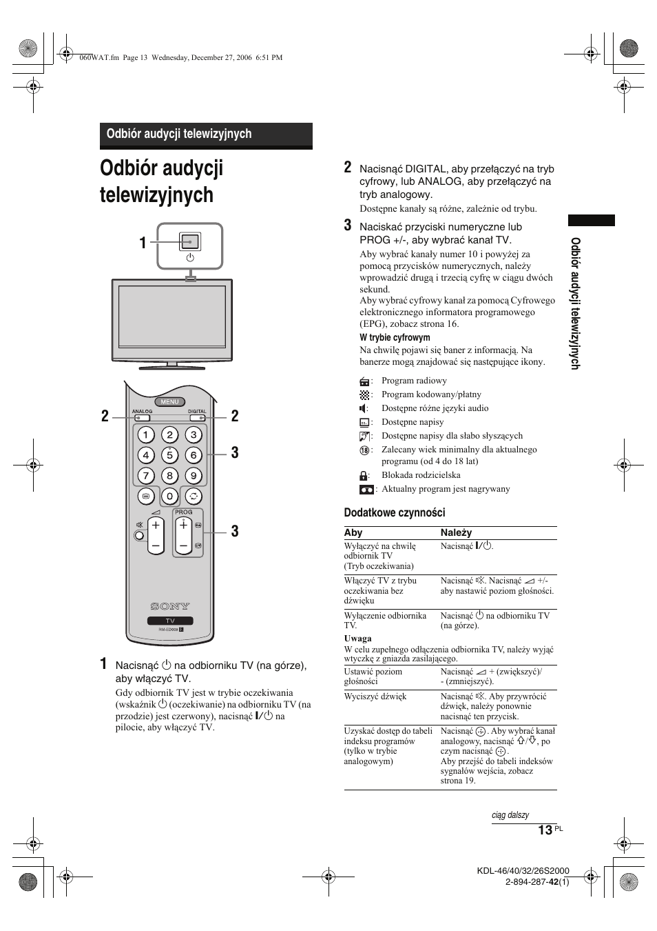 Odbiór audycji telewizyjnych | Sony KDL-40S2510 User Manual | Page 99 / 131