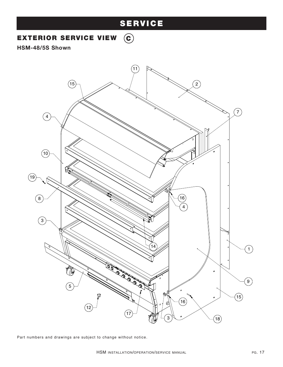 Exterior service view c, Hsm-48/5s shown | Alto-Shaam HSM-48/5S User Manual | Page 19 / 28