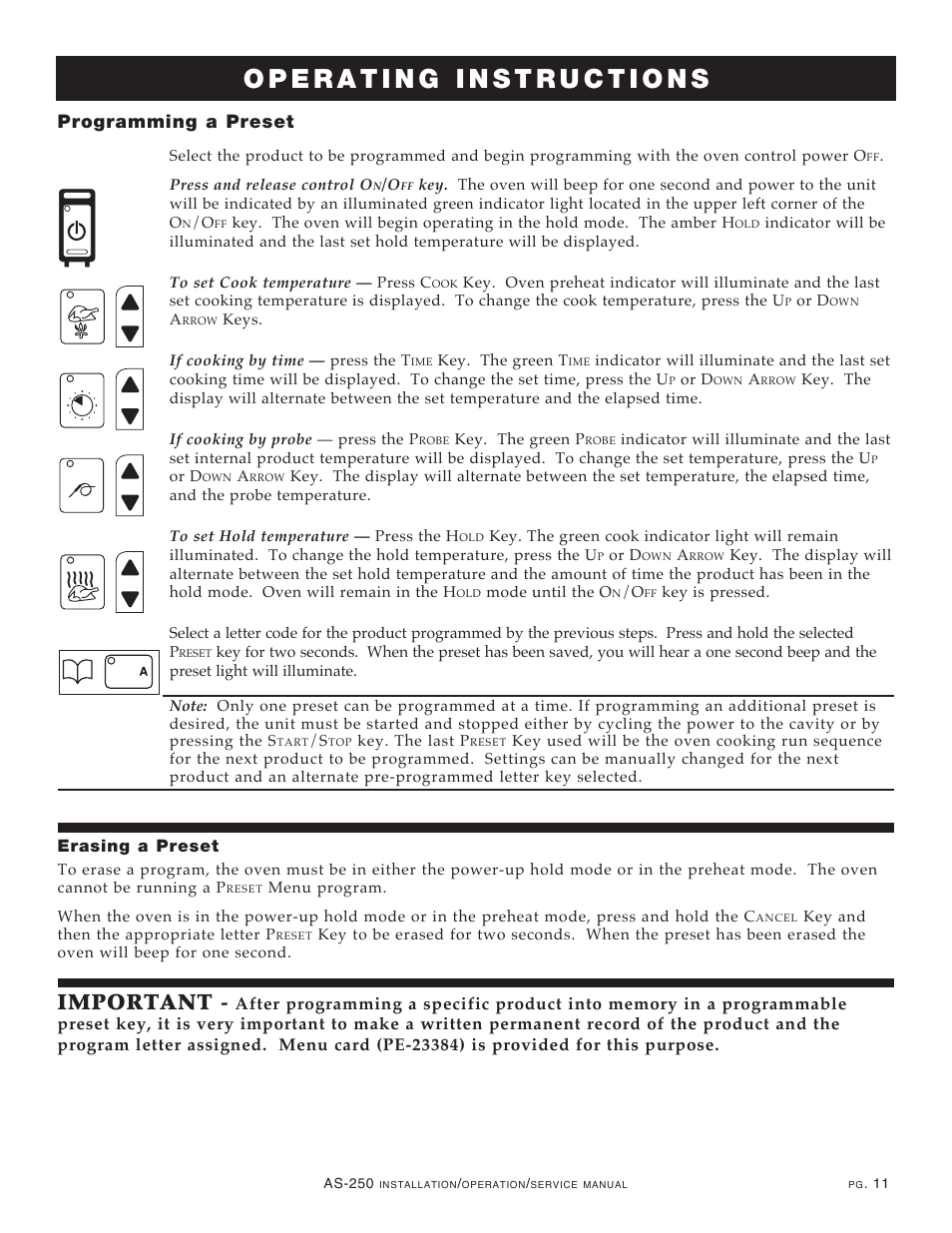 Important, Programming a preset, Erasing a preset | Alto-Shaam COOKING & HOLDING OVEN AS-250 User Manual | Page 13 / 24