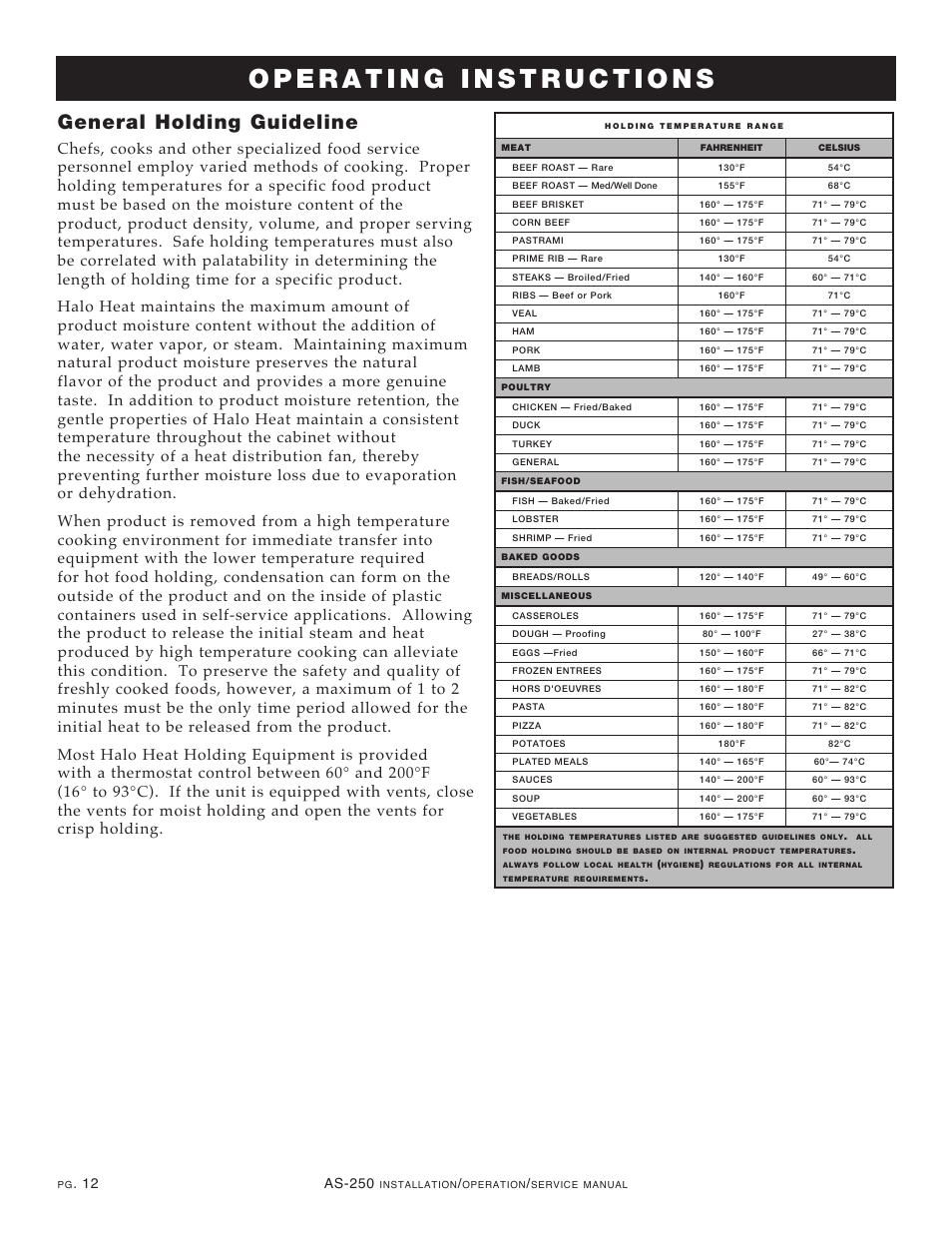 General holding guideline | Alto-Shaam COOKING & HOLDING OVEN AS-250 User Manual | Page 14 / 24