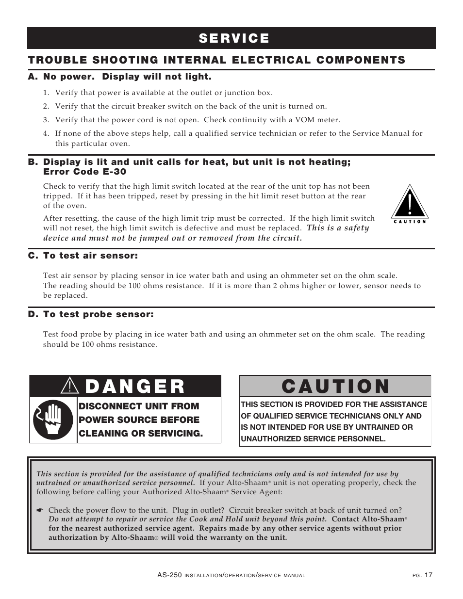 Trouble shooting internal electrical components | Alto-Shaam COOKING & HOLDING OVEN AS-250 User Manual | Page 19 / 24