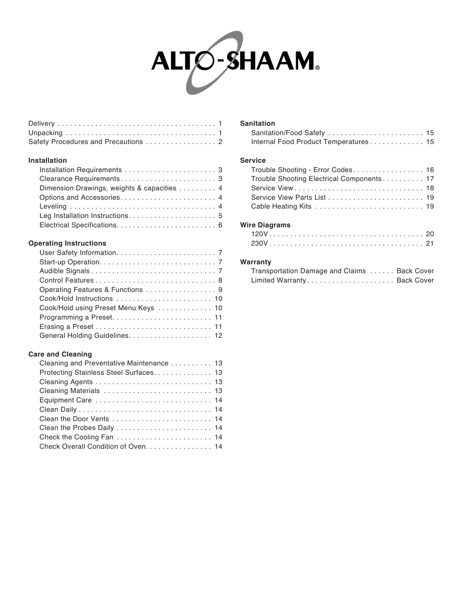 Alto-Shaam COOKING & HOLDING OVEN AS-250 User Manual | Page 2 / 24